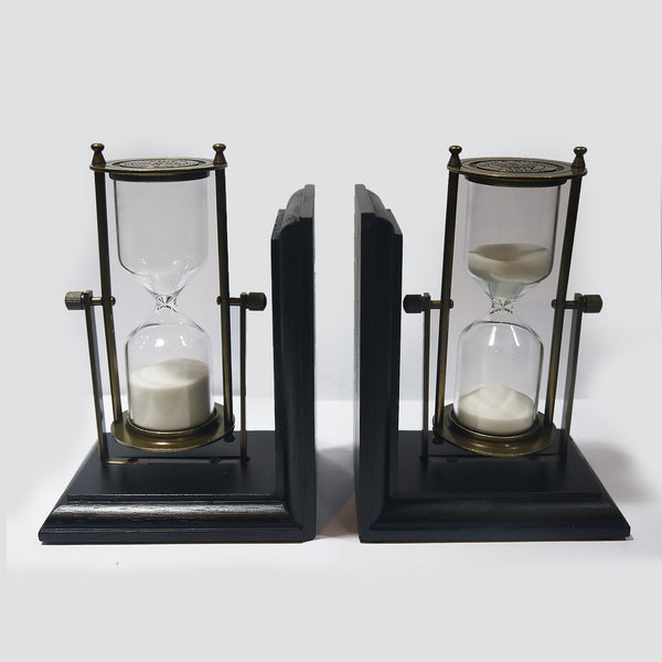 Zinc Iron Glass And Wood Hour Glass Bookends 30Mins